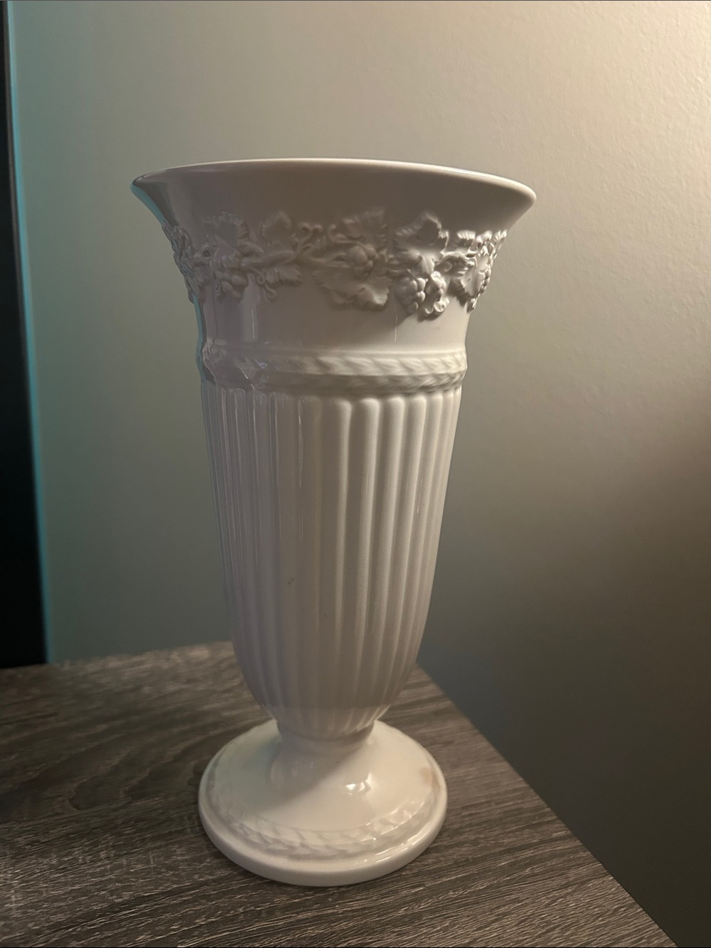 Wedgwood Embossed Queen's Ware Cream on Cream Trumpet Vase 8.7" England